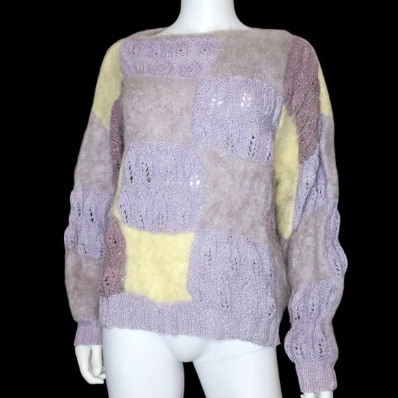 Sylvia Mary Vintage Patchwork Mohair Fluffy Fuzzy Hand-Knit Sweater Medium - Picture 1 of 7